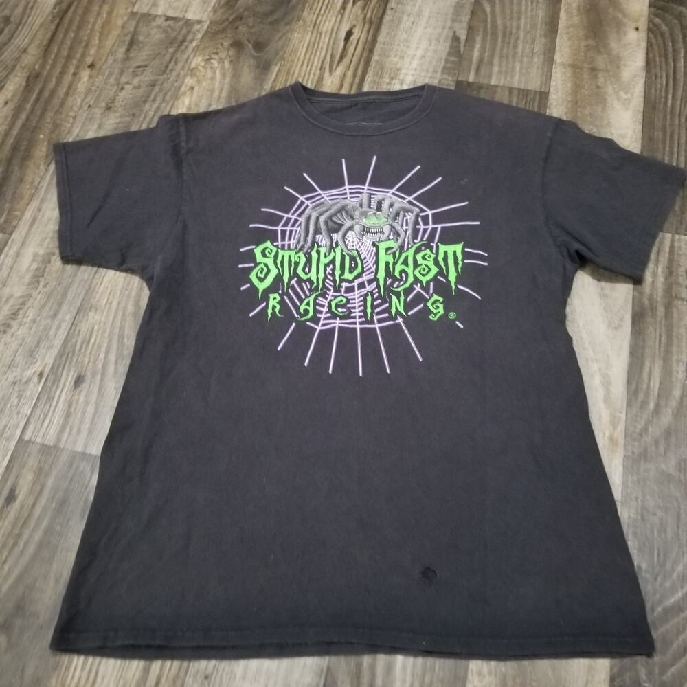 Vintage Y2K Stupid Fast Racing Shirt Mens Large Black Spider And Clown (Hole)